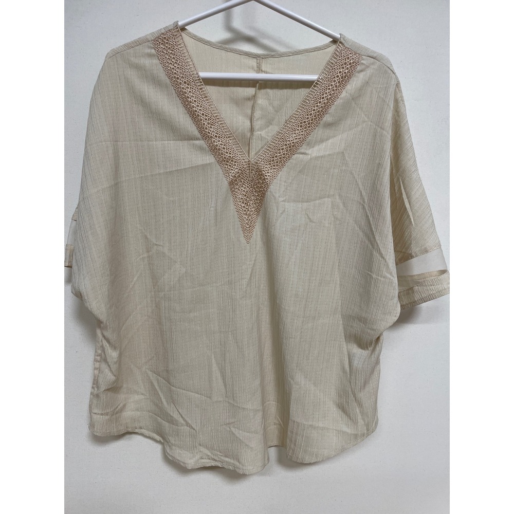 Emery Rose Beige V-Neck Eyelet Lace Trim Textured Short Sleeve Blouse XL